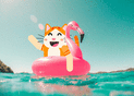 Chat heureux sur piscine rose en &eacute;t&eacute;